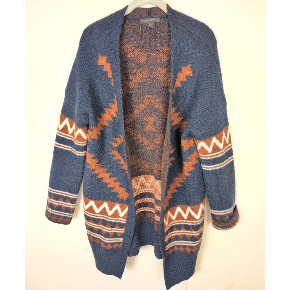 Tahari blue and brown southwestern cardigan sweater Size Med Aztec Western